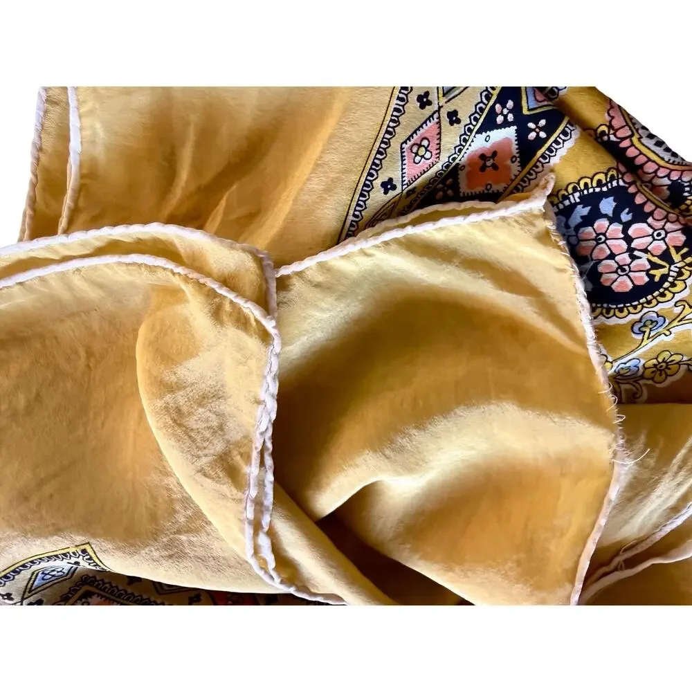 Vintage 1970s Silk Paisley Medallion Scarf Mustard Gold Floral Rolled 30